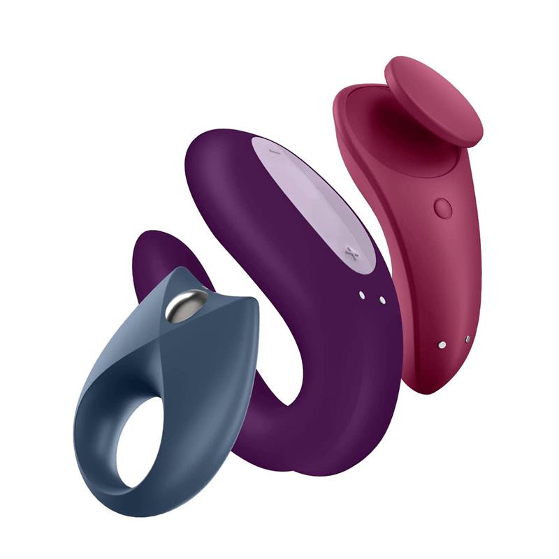 satisfyer partner box set troch hračiek fialová burgundy sivá farba stimulátor a vibrátor krúžok na penis vibračný