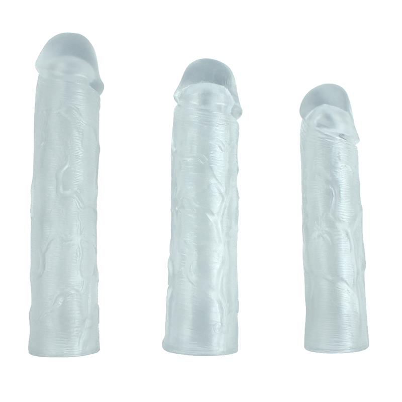 sada 3 predlžujúcich návlekov na penis shequ transparentné