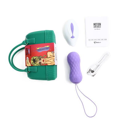 vibračné vajíčko na diaľkové ovládanie pre ženy na posilnenie panvového dna a kegelove cviky fialové v zelenej taštičke feelztoys